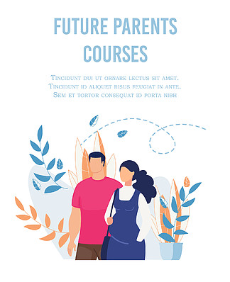 平面海报广告已婚夫妇的未来父母课程。快乐的卡通夫妻角色站在花卉背景上。产<i>前</i>研讨会培训。矢量文本插图。平面海报广告未来父母课程
