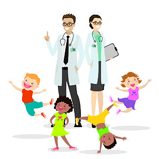 1几个医生和快乐活跃的孩子,儿童健康概念,不同的扁平人物,矢量图