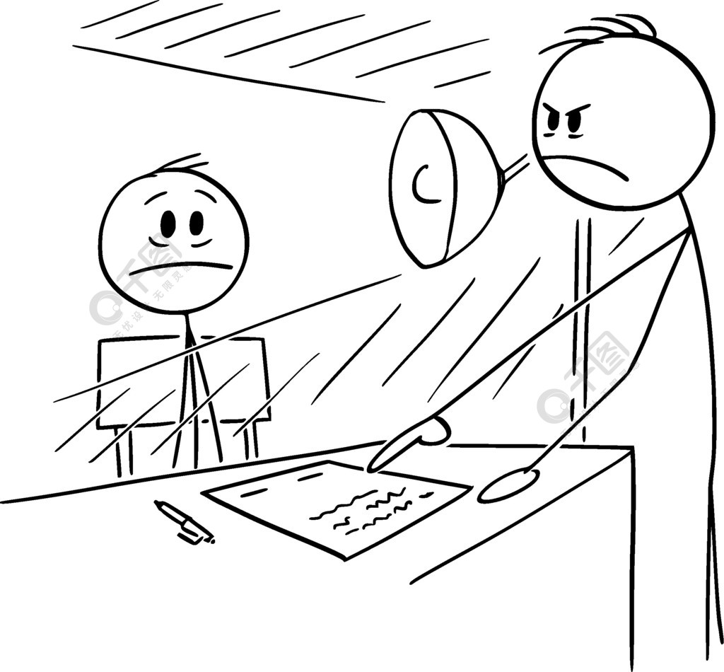 男子坐在审讯室被迫签署接触或认罪的矢量卡通画插图审讯室男子被迫