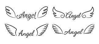 卡通飞<i>行</i>天使的翅膀。可爱的天使会徽与书法文字。孤立签名和单线绘图的集合。用于剪贴簿的刻字装饰模板。矢量优雅字体集。卡通飞<i>行</i>天使的翅膀。孤立的签名和单线绘图。可爱的天使标志与书法文字。用于剪贴簿的刻字装