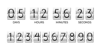 日、时、分和秒记分牌。 Flipboard 剩余时间倒计时。计时器构造工具包的数字模板。孤立的<i>翻</i><i>转</i>时钟样机设计。带<i>翻</i><i>转</i>卡片的矢量手表。日、时、分和秒记分牌。 Flipboard 剩余时间倒计时。计时器