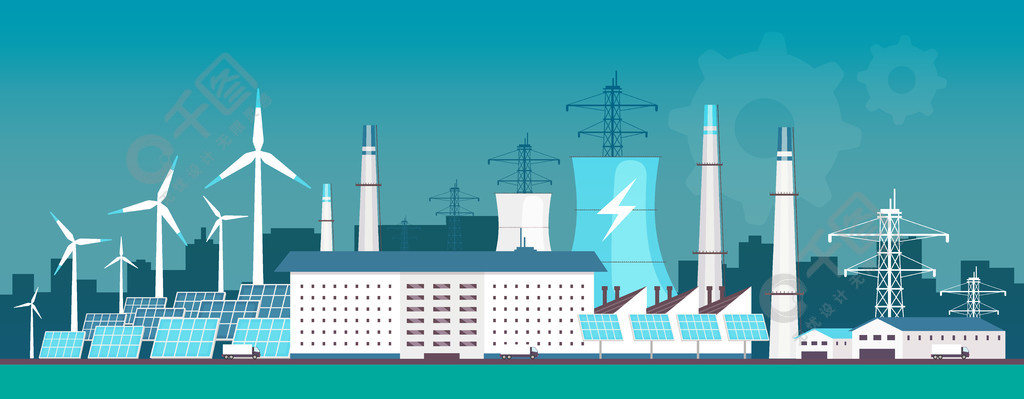 生态友好型发电厂平面彩色矢量图替代能源工厂2d卡通景观背景为风力