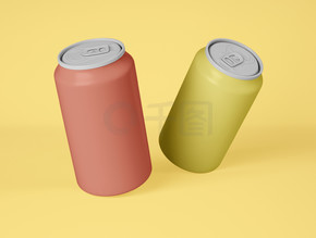 3D 插图。黄色背景下两个铝制汽水罐的样机。