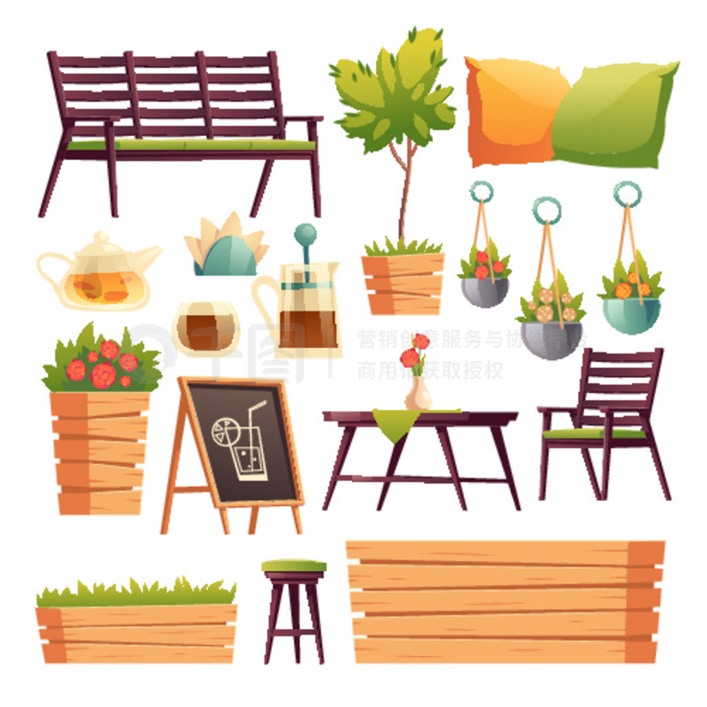 咖啡厅或餐厅露台设有木制吧台、座椅、鲜花和植物。用于户外自助餐厅、椅子、长凳、桌子、茶壶和杯子的矢量卡通套家具，在白色背景下被隔离。有鲜花的咖啡馆或餐厅露台