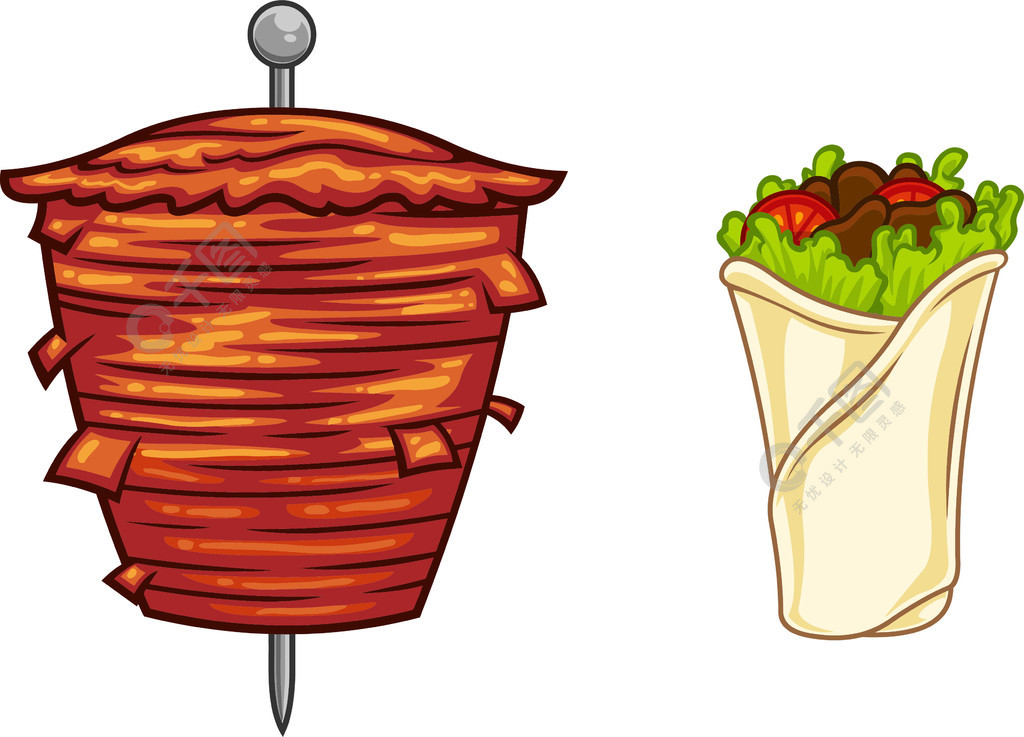 卡通烤肉串上烤肉和烤肉串在透明背景上隔离的矢量手绘插图