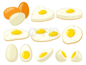 卡通煮熟的鸡蛋。油炸、硬、软煮、蛋黄切片鸡蛋、蛋白质早餐成分。有机农产品矢量图集。半个鸡蛋，准备好心形的饭菜。卡通煮熟的鸡蛋。油炸、硬、软煮、蛋黄切片鸡蛋、蛋白质早餐成分。有机农产品矢量插图集
