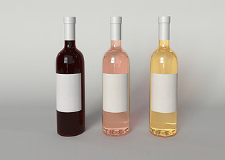 3d 插图。白色背景中各种颜色的玻璃酒瓶