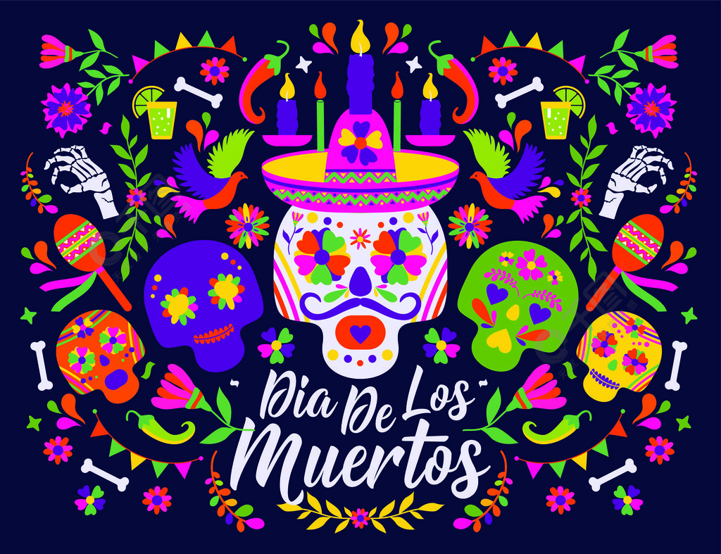 Cinco de Mayo-5 月 5 日-排版横幅矢量。Dias de los Muertos 排版横幅矢量。在英语中的死亡盛宴。墨西哥设计嘉年华卡或派对邀请函、海报。花传统的墨西哥框架与深色背景上