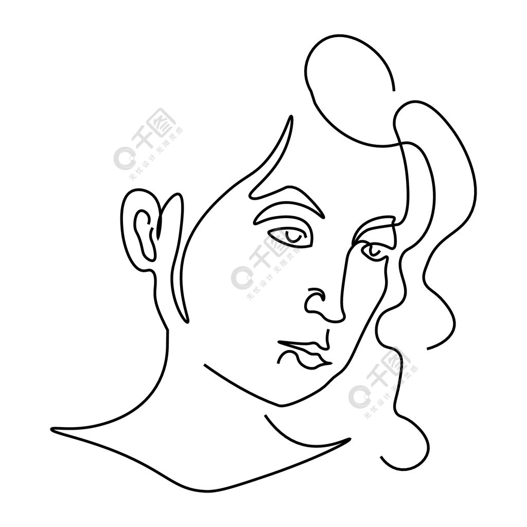 女人脸素描肖像或头像轮廓艺术矢量一幅线条画或线稿表情悲伤的女孩