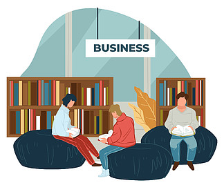人们在书店或图书馆部门阅读商业文献。坐在蒲团上的人<i>物</i>享受关于自我教育和个性发展的出版<i>物</i>。平面样式的向量。书店或图书馆的营业部