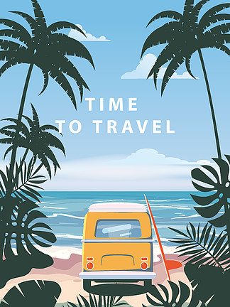 时间旅行暑假假期海景景观海洋海海滩、 海岸、 棕榈叶。公共汽车冲<i>浪</i>板，复古，热带树叶，棕榈树，模板，矢量，横幅，海报，插图，隔离