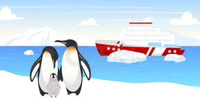 南极野生动物平面矢量图。帝企鹅。海洋不会飞的鸟类家族。冬季雪景。船在海洋中。船舶在背景上的海中。北极动物卡通人物