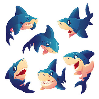 可爱的鲨鱼性格与孤立的白色背景上的不同情绪。矢量集卡通吉祥物，牙齿微笑的鱼，愤怒，饥饿，<i>悲</i><i>伤</i>和惊讶。创意表情符号集，动物聊天机器人。具有不同情感的可爱鲨鱼角色