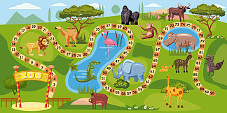 带有儿童数字的动物园棋盘游戏。带儿童数字的动物园棋盘游戏，狮子，大象，火烈鸟，水牛，河马，鳄<i>鱼</i>，大猩猩，骆驼，野猪，矢量图，模板，插图，孤立
