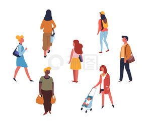 成人青少年和儿童步行或购物孤立的人物矢量女人与婴儿车和男人与满袋少女与背包女学生与书籍女商人和路人。人们走路或购物成人青少年和儿童孤立人物