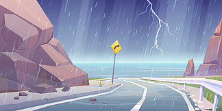 雷暴与闪电和雨在山<i>路</i>与海景，在卷曲空旷的沥青<i>公</i><i>路</i>在岩石景观与转向标志的风暴。赛道多雨的背景。卡通矢量图。雷暴与闪电，山<i>路</i>下雨