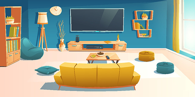 公寓与沙发前面的电视机在墙上,空荡荡的家居设计与豆袋椅和装饰,卡通