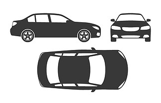 汽车剪影。汽车顶<i>视</i>图、侧<i>视</i>图和前<i>视</i>图。车辆投影单色模型，用于家庭、种族或不同服务的普通轿车，矢量黑色形状图标隔离集。汽车剪影。汽车顶<i>视</i>图、侧<i>视</i>图和前<i>视</i>图。车辆投影模型，用于家庭、种族或不同服务的普通轿