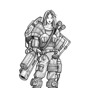 科幻半机械人女兵的黑白墨水概念艺术画,手臂上附有武器,身穿部分盔甲