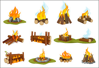 壁炉木。轻火焰<i>燃</i>烧篝火与烟雾营火矢量收集。插图柴火夏天，火焰和烟雾<i>燃</i>烧。壁炉木。点<i>燃</i>篝火与烟雾篝火矢量集合