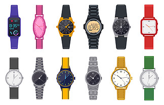 现代手表。手表、男女皆宜的计时码表、智能手表、男人女人现代和时尚腕表矢量插图图标集。 Smartwatch 可<i>穿</i>戴和时尚时钟。现代手表。手表、男女皆宜的计时码表、智能手表、男女现代和时尚手表矢量插图图