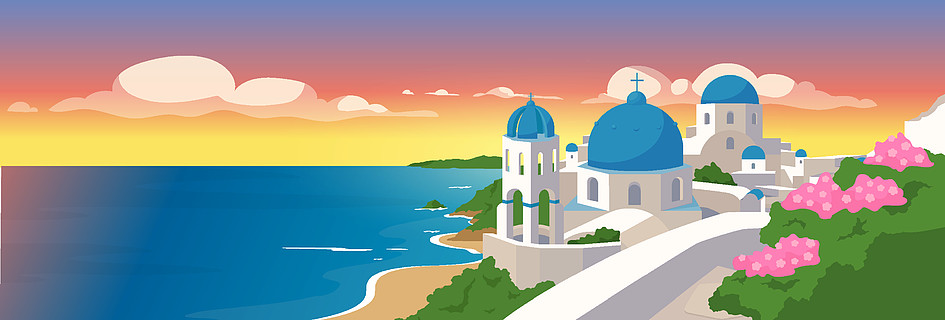 圣托里尼岛平面彩色矢量图希腊传统的蓝色屋顶白色建筑