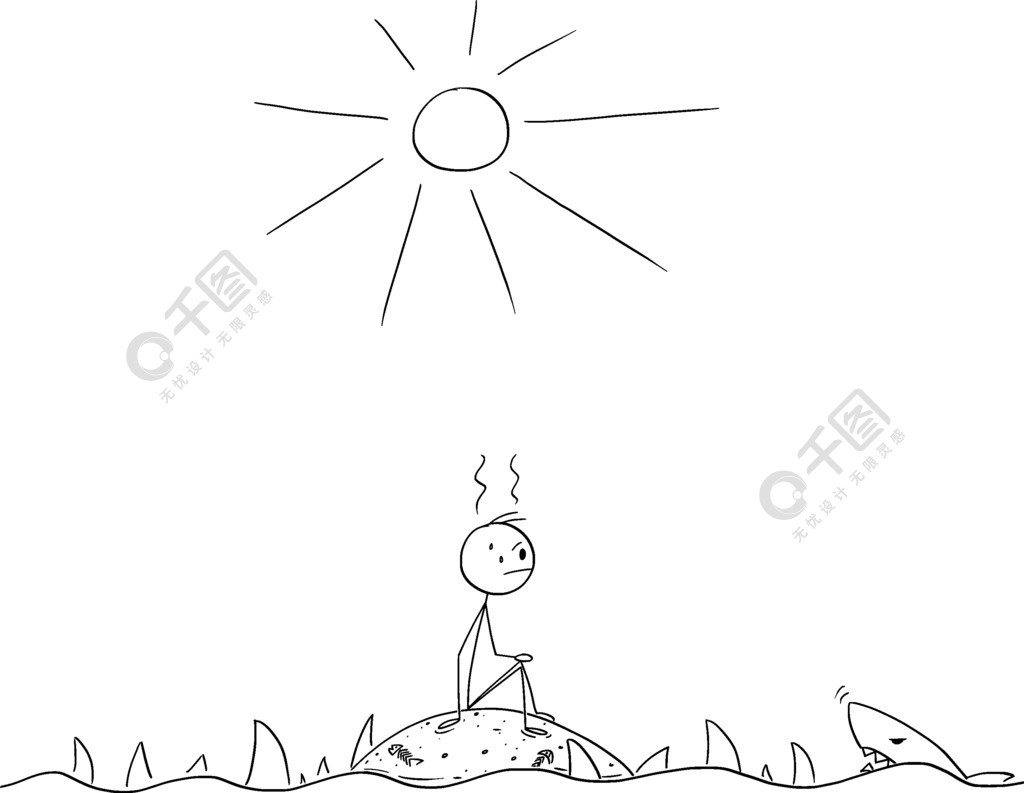 沮丧的人独自坐在被鲨鱼包围的小空荒岛上的矢量卡通棒图插图