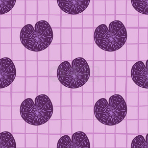 矢量图手绘植物风格的睡莲无缝涂鸦图案浅紫色方格背景