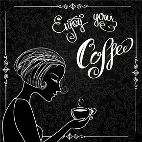 美丽的女性剪影与一杯咖啡，矢量图。美丽的女性剪影与一杯咖啡