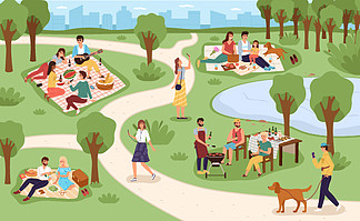 公园野餐。家人在城市公园休息，人们在大自然中一起吃喝，与朋友坐在草地上<i>交</i><i>流</i>，夏季户外放松，周末烧烤派对。矢量彩色卡通概念。公园野餐。家人在城市公园休息，人们在大自然中一起吃喝，与朋友<i>交</i><i>流</i>，夏季户外放松