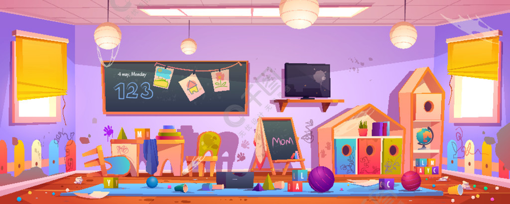 幼儿园凌乱的房间里有家具杂物和垃圾的图画儿童游戏室的矢量卡通内部
