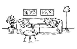 沙发,灯和墙上房屋家具上的图片当代公寓客厅室内素描矢量概念