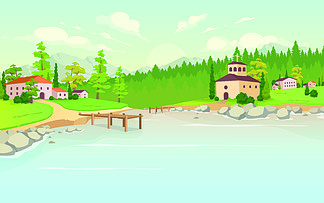 以自然为背景的农村 2d 卡通景观村庄平面彩色矢量图解中的日间湖