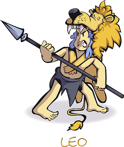 狮子座星座男人平面卡通矢量插图狮子皮肤占星符号的穴居人
