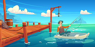 有木码头和渔夫在小船的湖。夏季景观的矢量卡通画，包括河流、<i>海</i><i>湾</i>或池塘、码头和戴帽子的人，船上有钓鱼竿。有木码头和渔夫在小船的湖