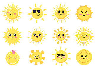 快乐卡通太阳。手绘可爱的微笑太阳，阳光快乐的人物，闪亮的阳光矢量图符号集。阳光和阳光，阳光笑容可爱，夏日灿烂。快乐卡通太阳。手绘可爱的微笑太阳，阳光明媚的快乐人物，闪亮的阳光矢量图符号集