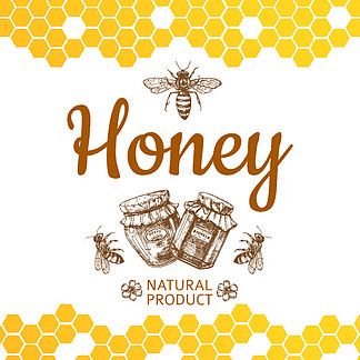 老式蜂蜜标志和背景与矢量蜜蜂、蜂蜜罐和蜂<i>窝</i>。天然蜂蜜食品、蜂<i>窝</i>和蜜蜂插图。带有矢量蜜蜂、蜂蜜罐和蜂<i>窝</i>的复古蜂蜜标志和背景