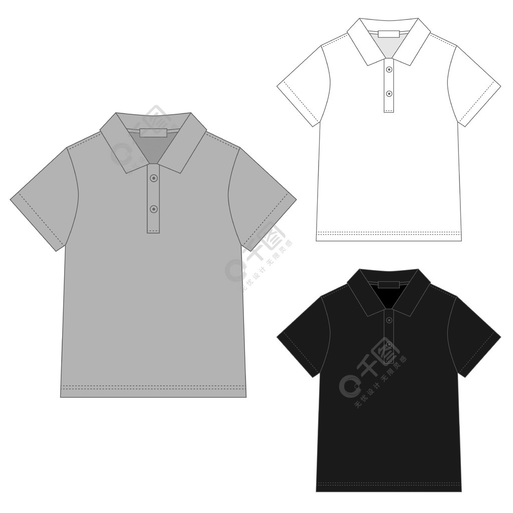 马球t恤设计模板集技术素描中性马球t恤白色灰色和黑色的颜色正面和