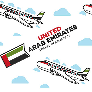 飞机阿拉伯联合酋长国旅游目的地旅行无缝模式矢量飞行和运输飞机或飞机无尽纹理旅游<i>航</i>空<i>公</i><i>司</i>运输阿拉伯国旗。阿拉伯联合酋长国旅行无缝模式飞机