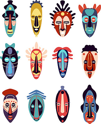 不同形状的五颜六色的民族部落仪式面具,夏威夷仪式,阿兹台克提基图腾