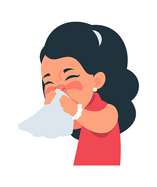 打<i>喷</i>嚏的女孩。卡通人物咳嗽和感染流感。可爱的孩子用手帕擤鼻子。呼吸系统疾病症状，普通感冒药物标志模板。矢量医疗保健插图。打<i>喷</i>嚏的女孩。孩子用手帕擤鼻子。呼吸系统疾病症状、性格咳嗽和感染流感。普通感冒标