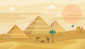 埃及沙漠景观。埃及金字塔与骆驼剪影、非洲沙丘全景、热撒哈拉日落、棕榈树和山脉。旅游和旅游插画矢量水平背景。埃及沙漠景观。埃及金字塔与骆驼、非洲沙丘全景、撒哈拉沙漠日落、棕榈树和山脉。旅游和旅游插画矢量