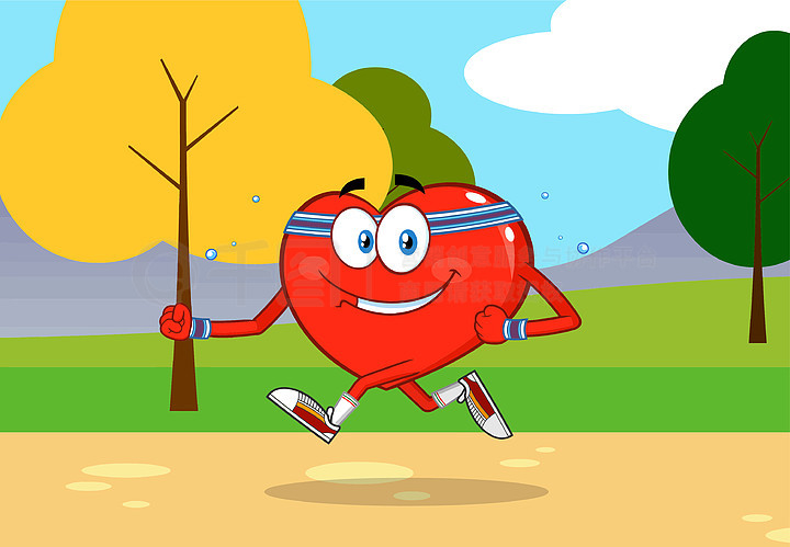 健康的心脏卡通人物在公园里慢跑带背景的矢量图