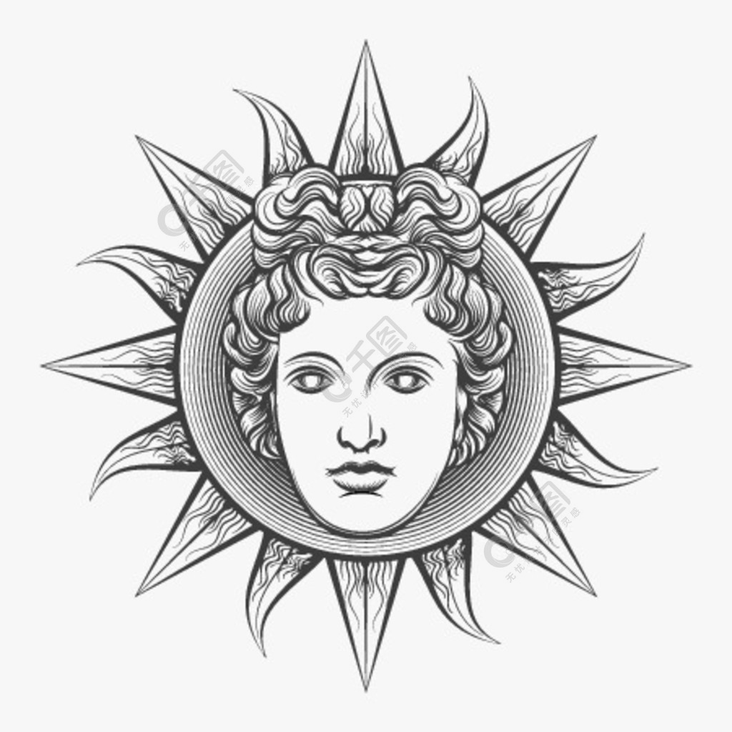 古色古香的罗马阿波罗太阳脸阿波罗太阳古罗马阿波罗太阳脸神雕刻矢量