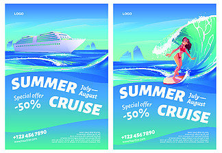 夏季游轮海报与船和冲<i>浪</i>女孩。矢量传单与热带海洋的卡通插图与客轮和女人在冲<i>浪</i>板上骑海<i>浪</i>。夏季游轮海报与船和冲<i>浪</i>女孩