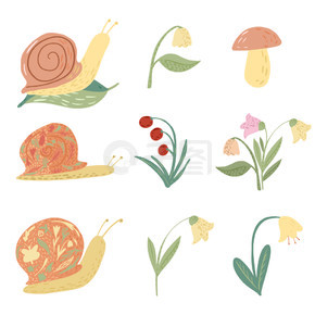 在白色背景上设置蜗牛和花。有趣的卡通人物：蜗牛、铃兰、风铃草、蘑菇、叶子、浆果在涂鸦风格矢量插图中。在白色背景上设置蜗牛和花。有趣的卡通人物：蜗牛、铃兰、风铃草、蘑菇、叶子、涂鸦风格的浆果。