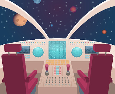 宇宙飞船驾驶舱穿梭在内部与卡通风格的仪表板面板矢量插图