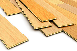 创意抽象木制品、木材加工、木制品行业、家庭装修、地板铺设和房屋修复概念：3D 渲染插图，用于在白色背景上隔离的木镶木地板的彩色木质层<i>压</i>抛光建筑木板