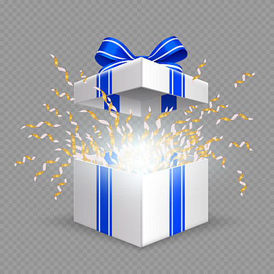 惊喜盒打开带有蓝色丝带蝴蝶结的礼品盒