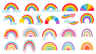 卡通彩虹。五颜六色的彩虹、心脏和云彩与彩虹颜色尾巴。手绘彩色弧矢量插图集。卡通彩虹涂鸦，图形多彩收藏。卡通彩虹。五颜六色的彩虹、心脏和云彩与彩虹颜色尾巴。手绘彩色弧矢量插图集